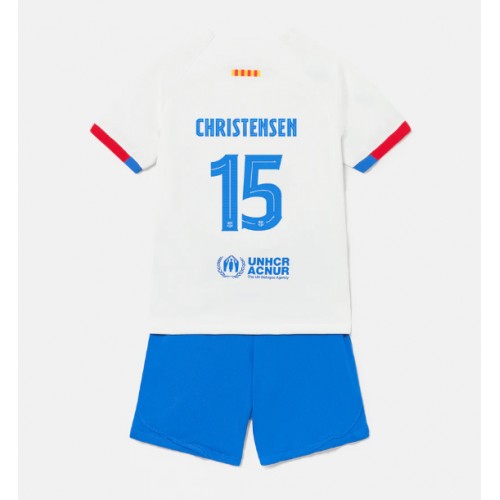 Otroški Nogometni dresi Barcelona Andreas Christensen #15 Gostujoči 2023-24 Kratek Rokav (+ Kratke hlače)
